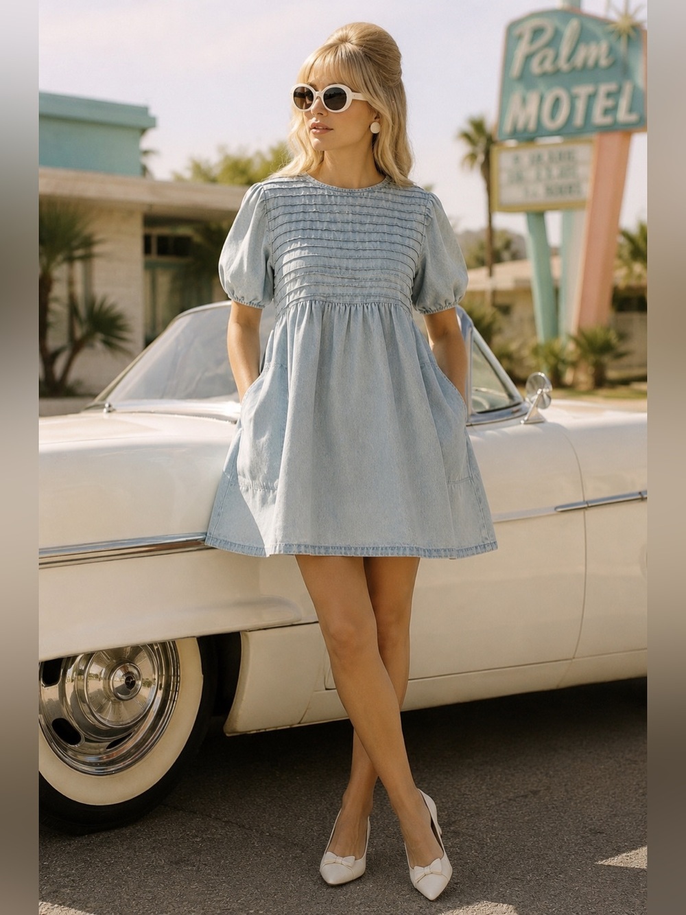Carole Christian Vintage Stone Wash Denim Retro Babydoll Mini Dress Pockets NWT